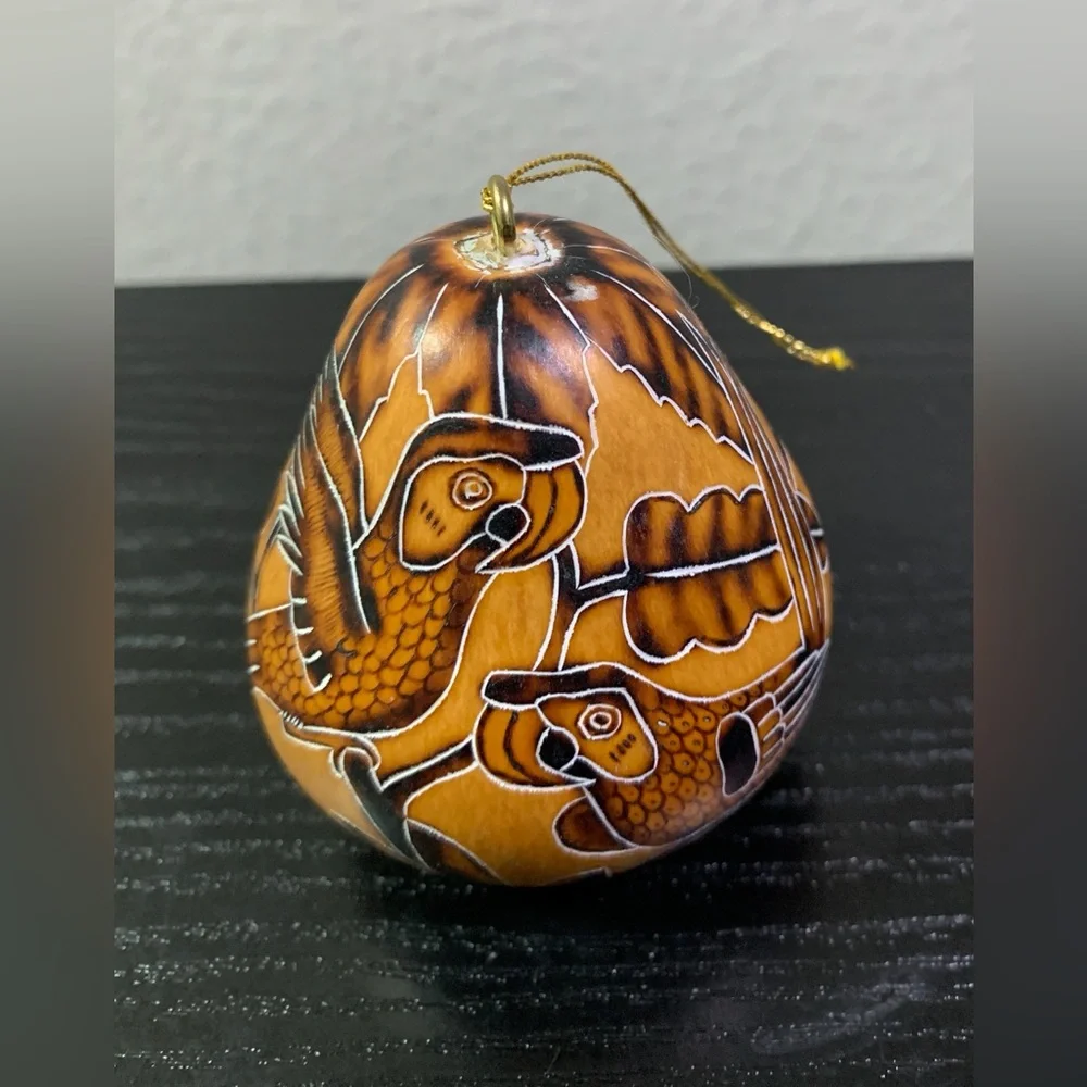 Lucuma Hand Carved Gourd Hanging Ornament Peruvian Folk Art Birds Peru